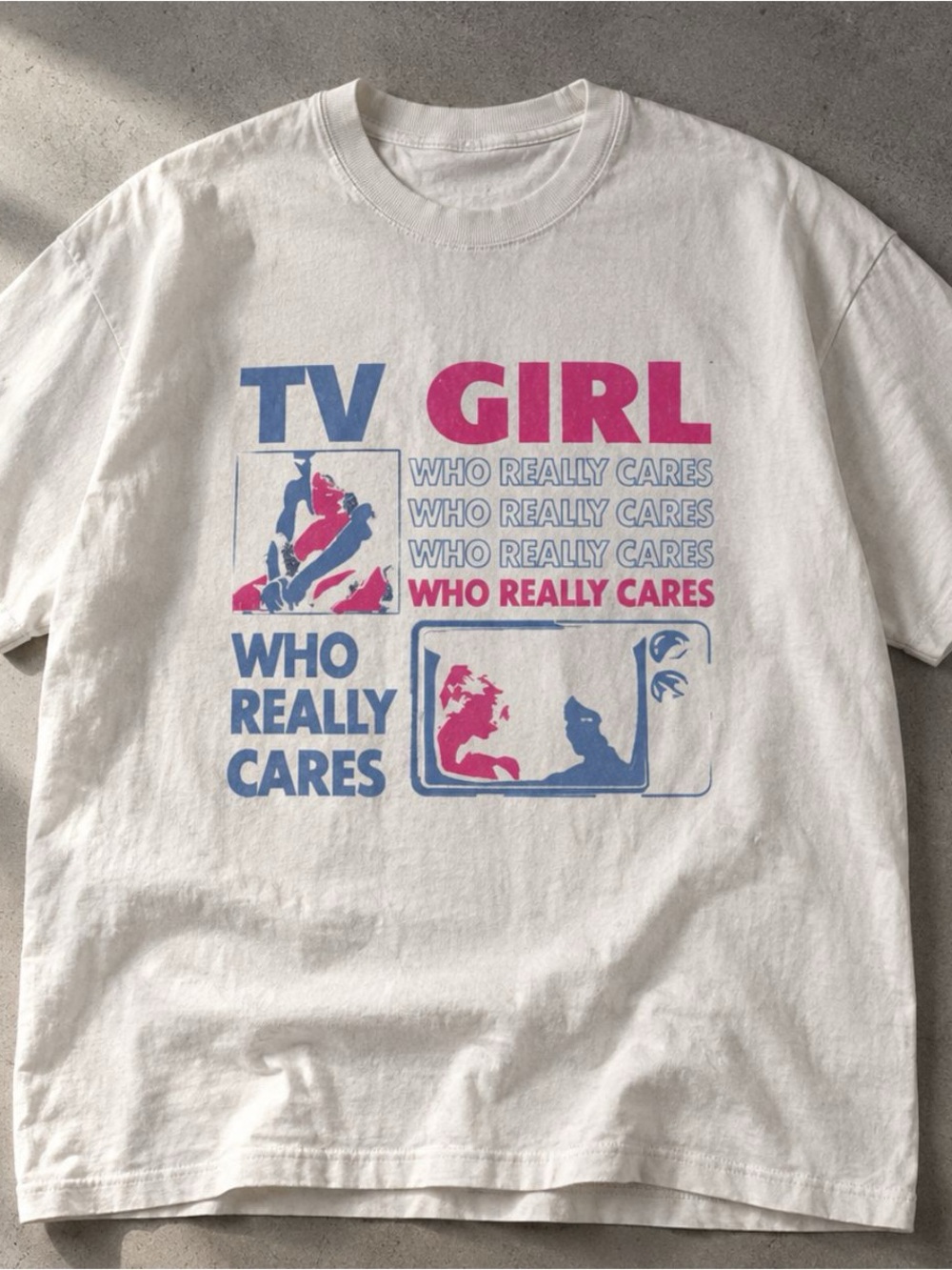 Gildan White TV GIRL Graphic Tee with Pink & Blue Print